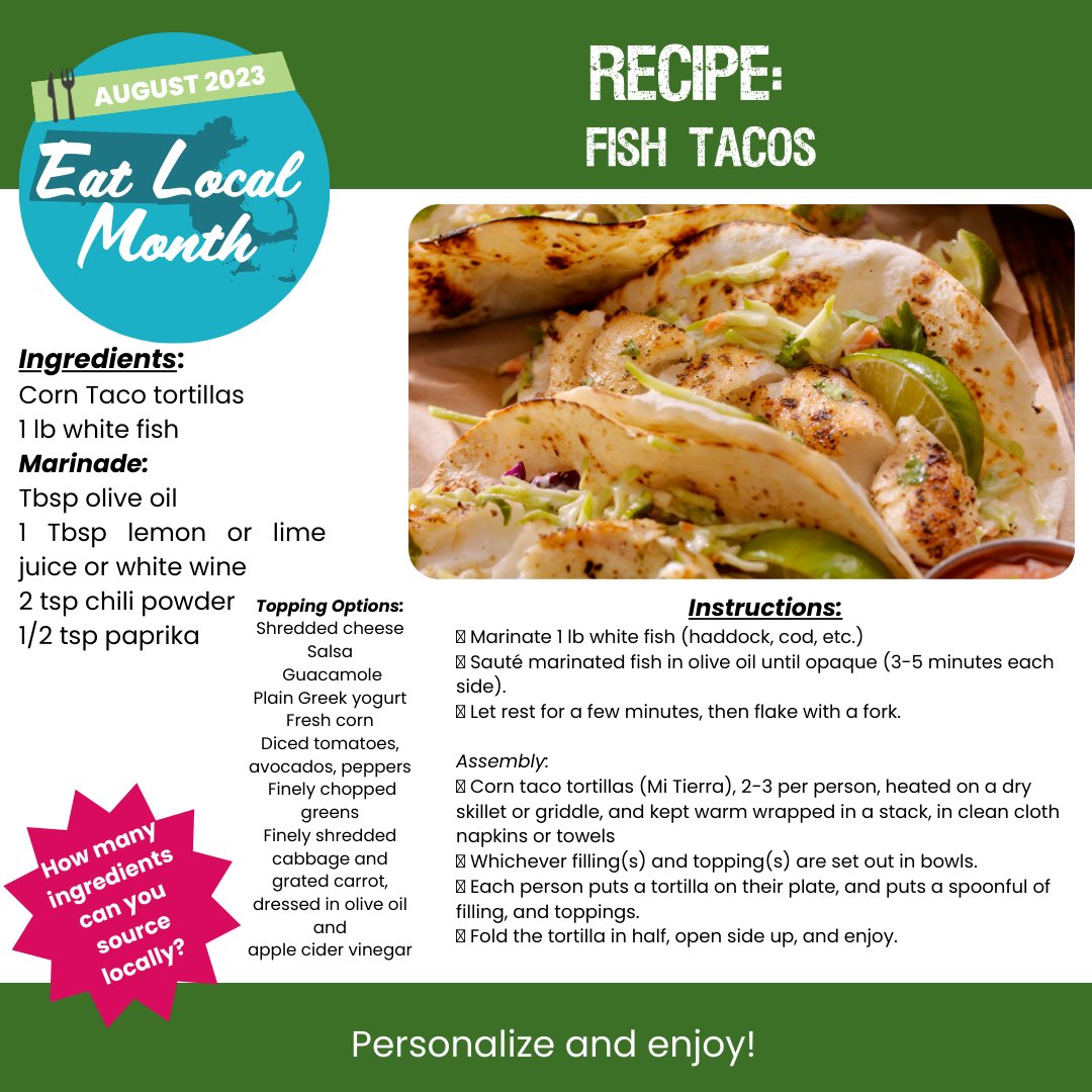 🌮Enjoy some local seafood with this delicious fish taco recipe. Start with local taco tortillas, like the ones from Mi Tierra Tortillas, add local fish, and then top. Support local fisheries and treat your tastebuds #eatlocalma #eatlocalmonth #localseafood