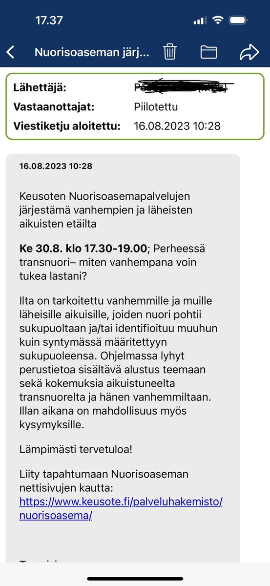 7-luokkalaisen wilma-viesti. Nyt olisi vanhempainilta tulossa, jossa tuetaan lasta, joka on transu tai indentifioituu muuhun kuin syntymästä saatuun sukupuoleen.
Ei ihme, että ahdistuneisuus lisääntyy, jos vanhemmat lähtevät kaikkiin muotisekoiluihin mukaan.