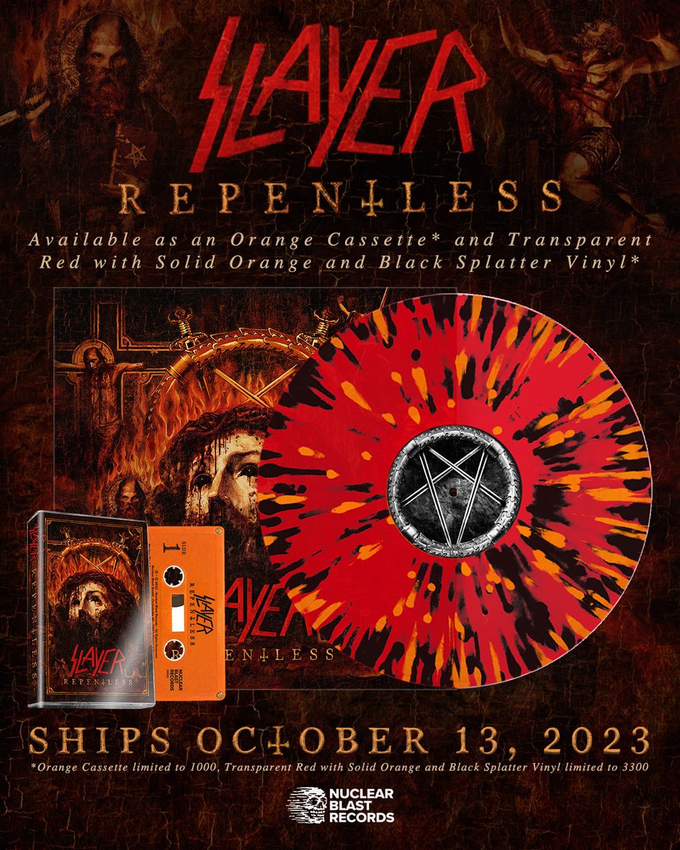 REPENTLESS limited reissues out Oct. 13th. slayer.bfan.link/repentless.tpo Available on: - Transparent Red with Solid Orange and Black Splatter Vinyl - Orange Cassette #Slayer #Repentless