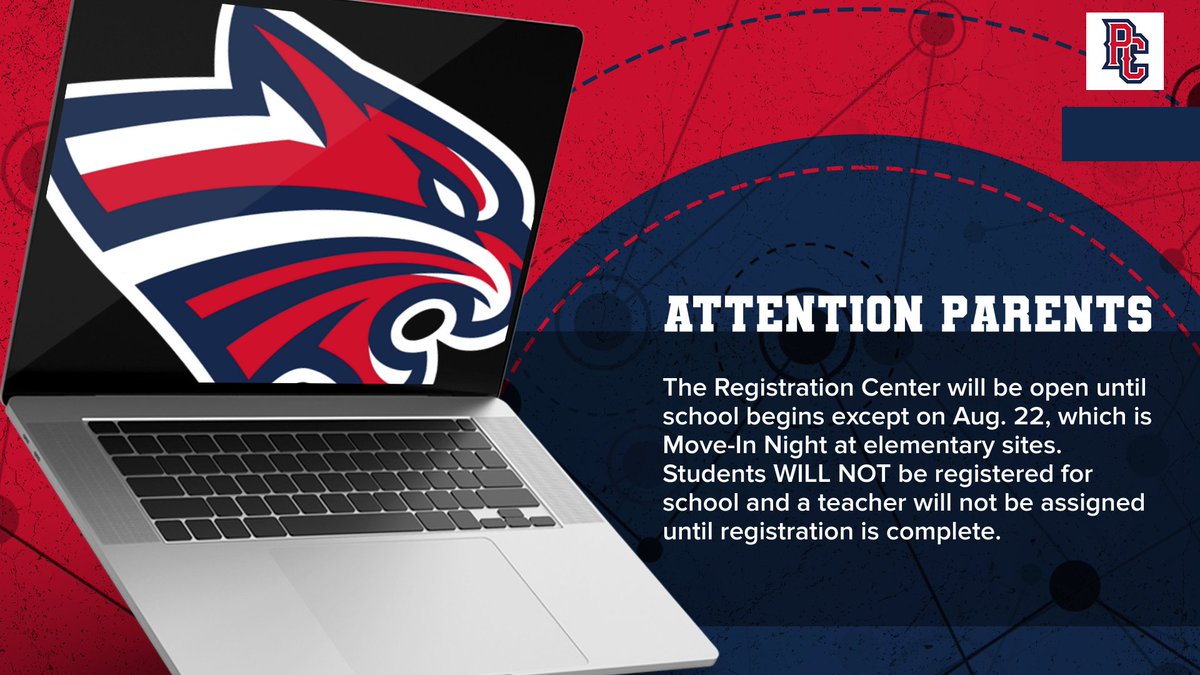 The Registration Center will be open until school begins except on Aug. 22, which is Move-In Night at elementary sites. Students WILL NOT be registered for school and a teacher will not be assigned until registration is complete.