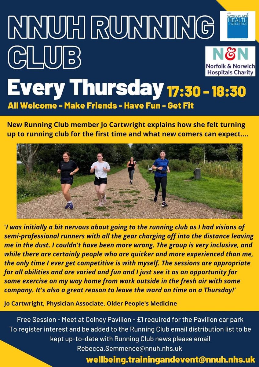 Join the <a href="/NNUH/">Norfolk and Norwich University Hospitals</a> Staff Running Club 
Every Thursday - 17:30 -18:30
Read below about how new Running Club member Jo Cartwright felt turning up to Running Club for the first time and what new comers can expect....