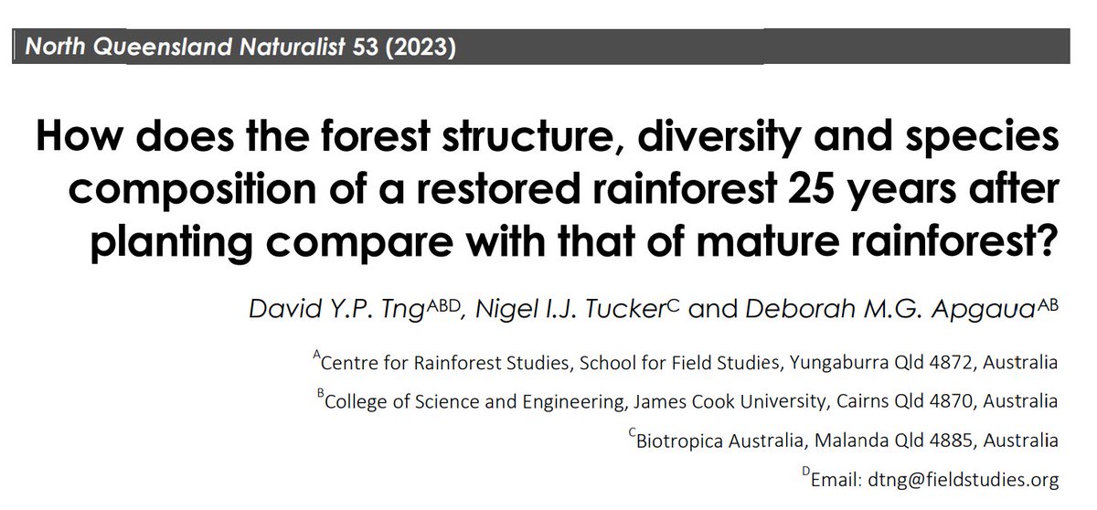 davidtng's tweet photo. Forest restoration can have positive outcomes for biodiversity and carbon capture. For this reason, we are very pleased to share our recent work where we studied how a 25 yr old restored forest in tropical Australia compares to mature forest. Read free:
https://t.co/5i7zHtD7Zp https://t.co/jVv8NBUCRs