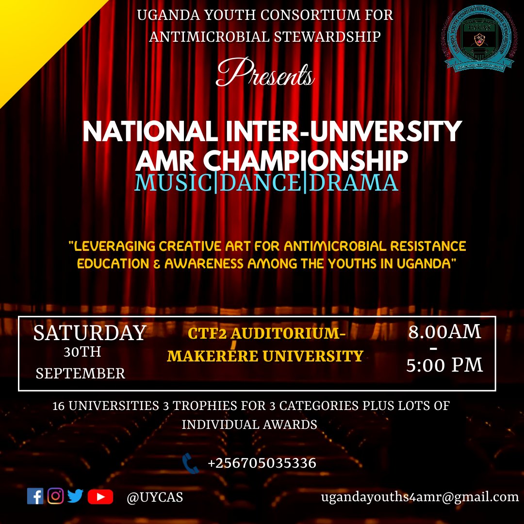 UYCAS256's tweet image. Are you a university student &amp;amp; talented in music, dance &amp;amp; drama? 
Here's an #opportunity for you to take part in the First Ever "National  Inter-university AMR Championship" this year to become a champion in AMR. 
#BreakingTheChain 
#CreativeArt4AMR
#PreventingAMRtogether