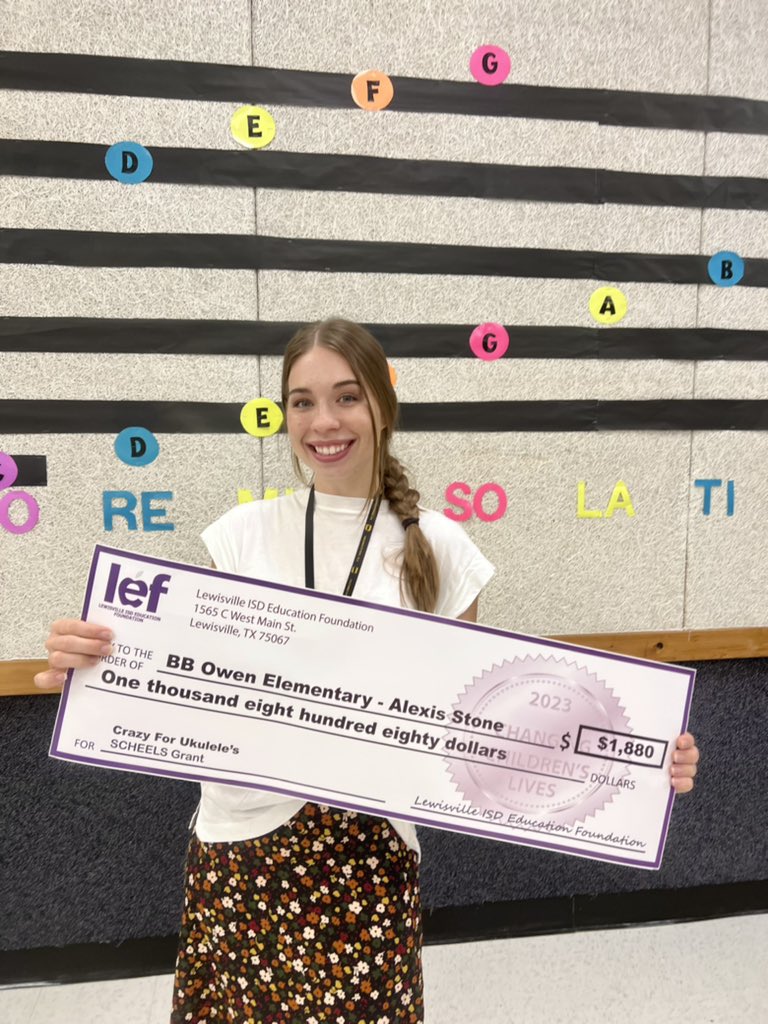 MrsStoneMusic's tweet photo. Could not be more EXCITED  and THANKFUL for this LEF grant from @LEFforLISD &amp; @SCHEELS that will provide ukuleles for students @BBOwenES! We are so grateful! #LEFGrants #OneLISD #BEtheONE https://t.co/SmzNUa8F7D