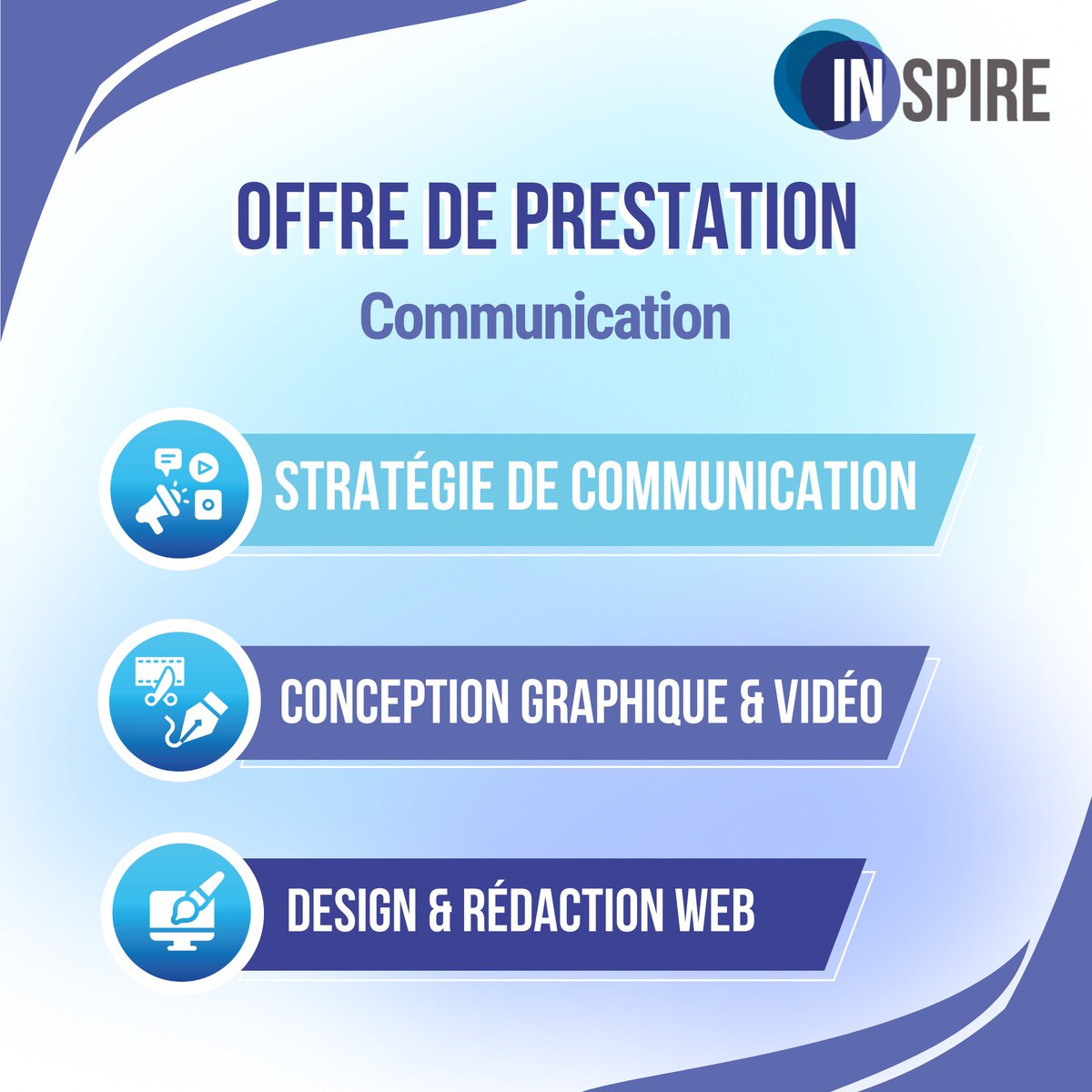 Inspire_Telecom's tweet photo. Un projet en communication ? Faites appel à Inspire ✅
Nos spécialités : stratégie de communication,  conception graphique et vidéo et le design et la rédaction web. 
Contactez nous par mail : contact@inspire-telecom.com ou sur notre site Internet 🔥
#weareje #cnje #communication https://t.co/4IvUgv8EMm
