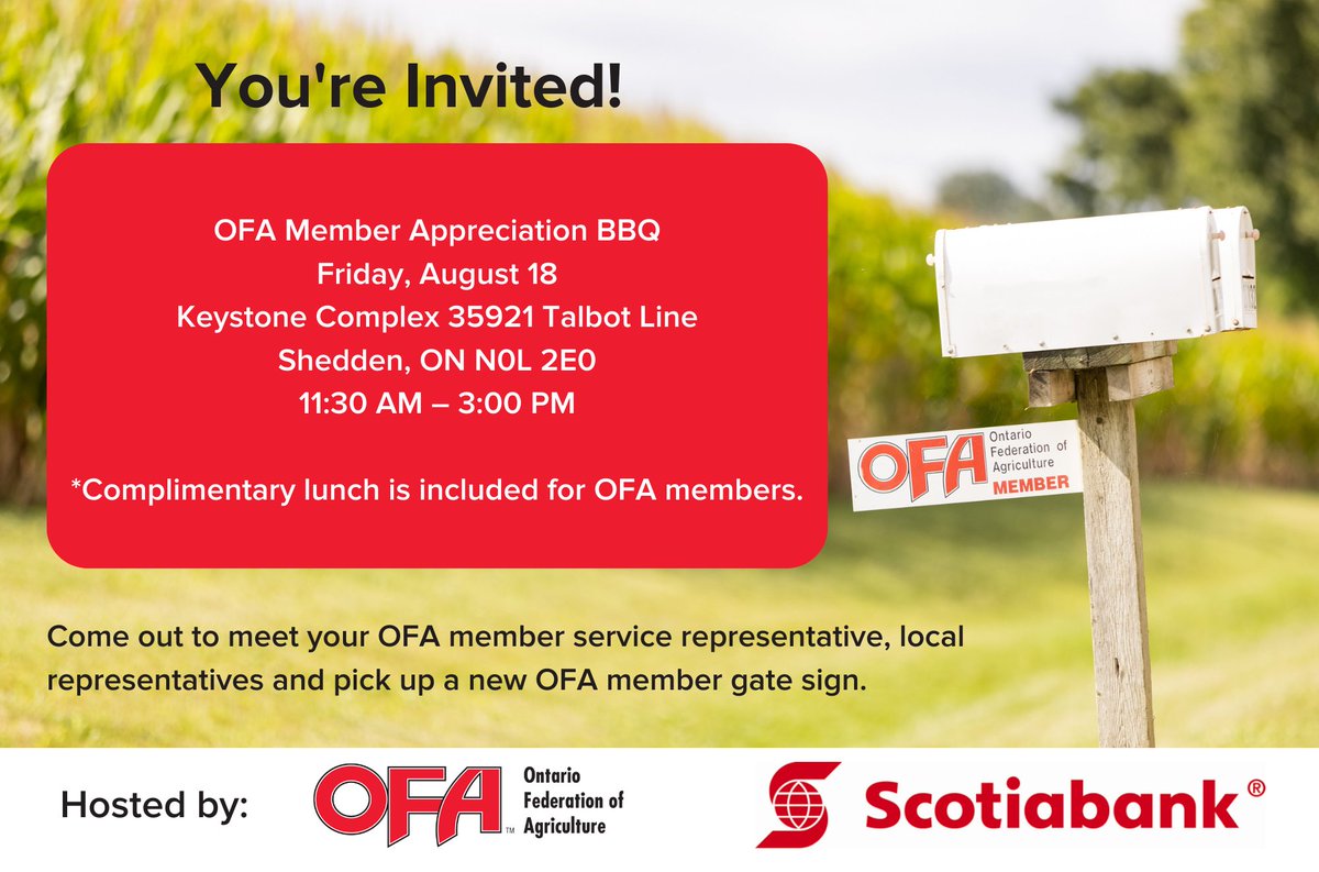🚨The countdown is on for OFA members near and surrounding Shedden! Join us on Friday for a Member Appreciation BBQ co-hosted by our benefit partner 
<a href="/scotiabank/">Scotiabank</a>. Stop by to meet your local OFA representatives and enjoy a complimentary lunch.🍔🌭
#ontag