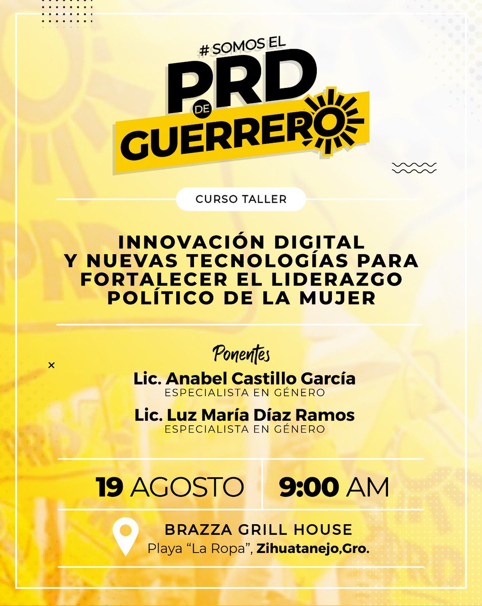 prdguerrero_'s tweet photo. CURSO-TALLER "INNOVACIÓN DIGITAL Y NUEVAS TECNOLOGÍAS PARA FORTALECER EL LIDERAZGO POLÍTICO DE LA MUJER". 

Organizado por la Secretaría de Equidad de Género del PRD Guerrero. Unete y potenciemos juntas y juntos la influencia de la mujer en la política. 

#SomosElPRDdeGuerrero ☀️ https://t.co/uScULJ5gwD