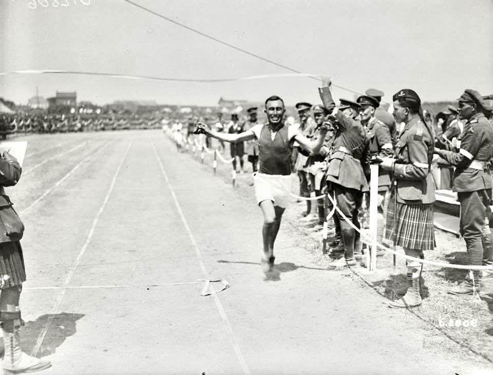 Runner Joe Keeper (Cree) winning a three-mile race. Photographed in 1918. Photo: Unknown | © Library and Archives Canada