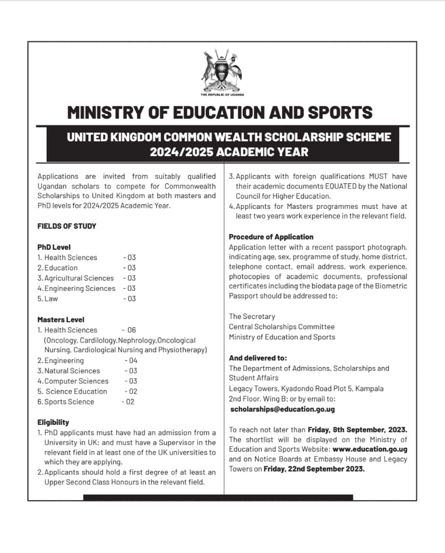 Ministry of Education and Sports - Uganda (@educ_sportsug) on Twitter photo #๐๐๐ฎ๐๐๐ | ๐๐ ๐๐จ๐ฆ๐ฆ๐จ๐ง๐ฐ๐๐๐ฅ๐ญ๐ก ๐๐๐ก๐จ๐ฅ๐๐ซ๐ฌ๐ก๐ข๐ฉ๐ฌ
The 2024/2025 competitive offers are available at PhD (15) and Masters (20) level.
Eligible persons are encouraged to apply by 8th Sept. 2023
Click below for more details๐
education.go.ug/wp-content/uplโฆ #๐๐๐ฎ๐๐๐ | ๐๐ ๐๐จ๐ฆ๐ฆ๐จ๐ง๐ฐ๐๐๐ฅ๐ญ๐ก ๐๐๐ก๐จ๐ฅ๐๐ซ๐ฌ๐ก๐ข๐ฉ๐ฌ
The 2024/2025 competitive offers are available at PhD (15) and Masters (20) level.
Eligible persons are encouraged to apply by 8th Sept. 2023
Click below for more details๐
education.go.ug/wp-content/uplโฆ