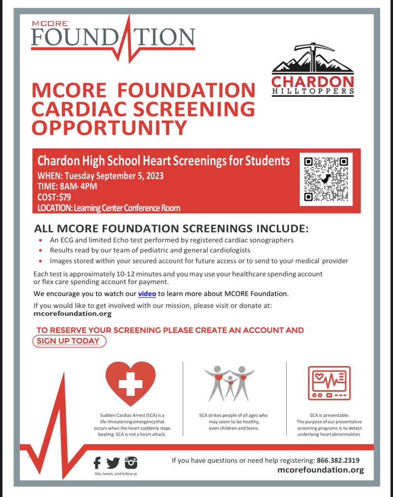 @MCOREFoundation Student Heart Screenings available at CHS on Sept 5