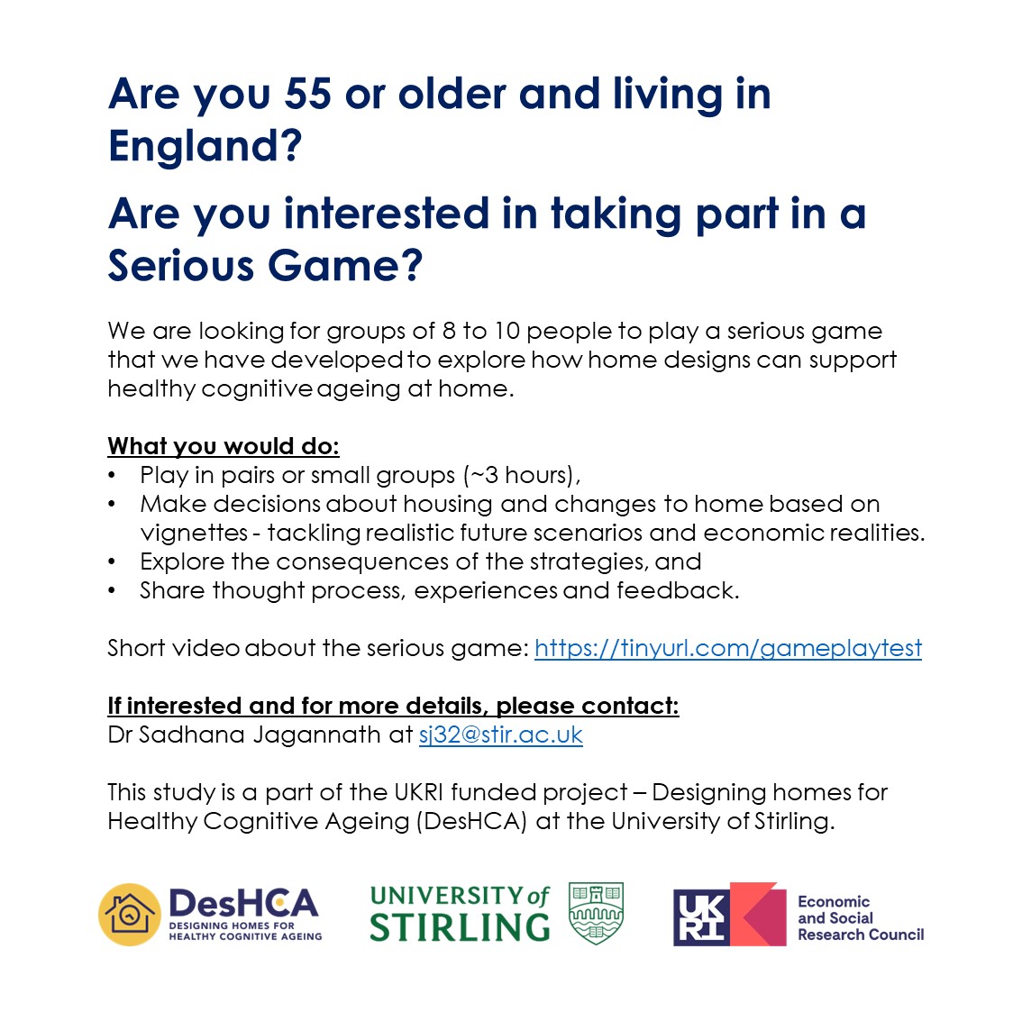Recruiting now!

We are looking for people aged 55 or over and living in England to take part in a Serious Game developed for our project on home designs and healthy cognitive ageing <a href="/DesHCA_Project/">DesHCAProject</a>

Please share widely!

#cognitiveageing #dementia #homedesign