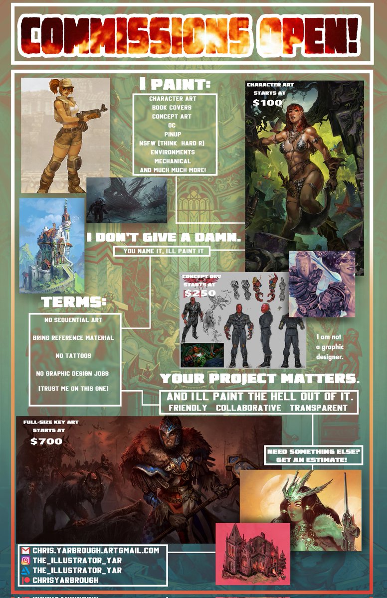 illustratoryar's tweet photo. Commissions starting at $100! Got a DnD character you want to see rendered, or maybe you would like to have a visual aid for your novel? I'm your man!  I'm hungry, people! Hungry for work and just straight-up hungry!
#Commission #commissionsopen #illustration #the_illustrator_yar https://t.co/vBRcRbpEXY