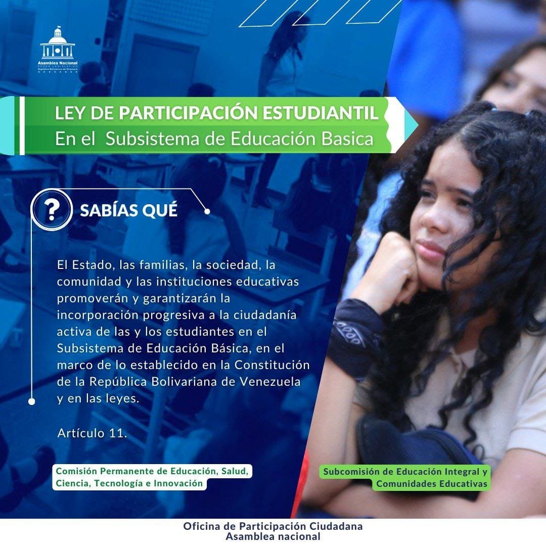 PoderYLeyes's tweet image. Conoce las responsabilidades de la Familia, el Estado y la Sociedad establecida en el artículo 11 de la Ley de Participación Estudiantil en el Subsistema de Educación Básica. #16Ago #BricoMilesPorTodoElPaís #OPSU @nicolasmaduro @pinfantea
@amkvalentina @jorgepsuv