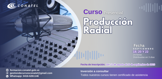 #16Ago Conatel abre inscripciones para curso de Producción Radial, que se dictará de forma presencial los días 18, 20 y 22 de septiembre de 2023. Para más información comunicate a través de los números telefónicos (0212)-9090432 / 9090420 / 9090347. #BricoMilesPorTodoElPaís