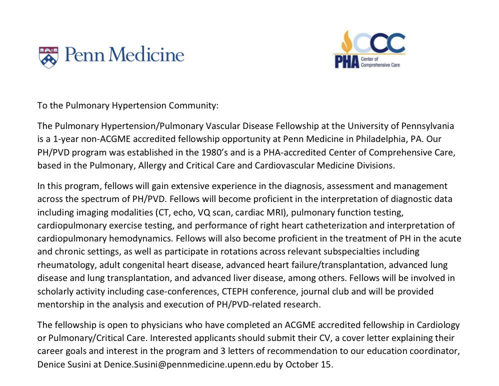 Recruiting NOW for the Penn Pulmonary hypertension/PVD Fellowship! See letter below for info. Email/DM for details...& share!
@PennCardiology @PennCVFellows @PennPulmonary @PennMedicine @PHAssociation @phaware @HFSA @ACCinTouch @AHAPhilly @ATS_PC @atscommunity  @ishlt @PennMedPH