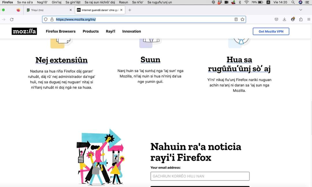 ActLenguas's tweet photo. Les presento el sitio web de Mozilla en triqui. Estamos trabajando para revitalizar y visibilizar nuestra lengua en la web. Desde este sitio, pueden descargar Firefox para todos los OS, Android, Linux, Windows, MAC , Endless.
https://t.co/4crkhylHb9 https://t.co/bIp8dgfK3H
