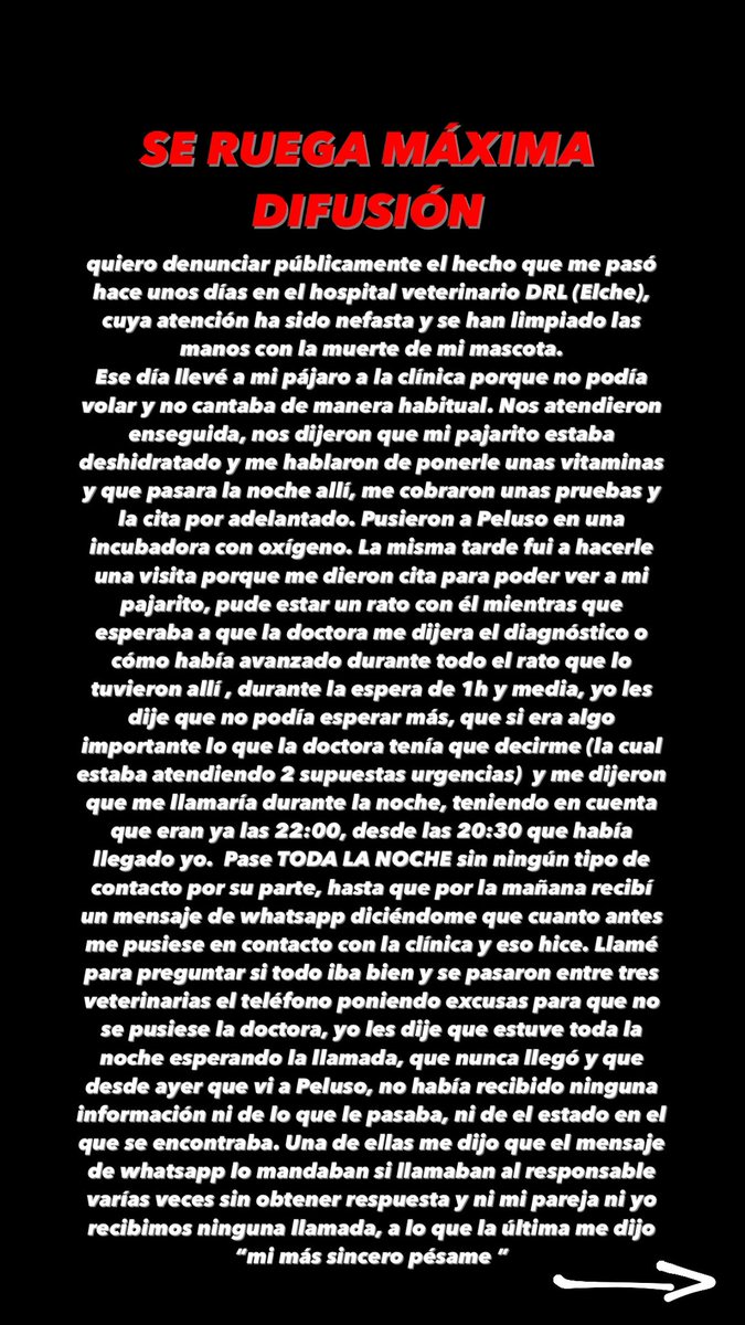 SelenaCastroM's tweet image. hola, la mascota de mi amiga el otro día se murió de la peor de las maneras en el hospital veterinario DRL (Elche), os dejo por aquí toda la información. Le gustaría que esto se difundiese todo lo posible, ya que no se hacen responsables de nada