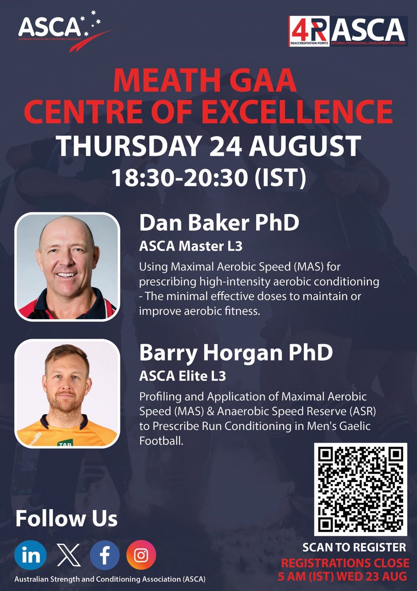 Great oppurtunity to learn about Maximal Aerobic Speed (MAS) from Dan Baker @the_ASCA and @BarryHorganSC in @MeathGAA Centre of Excellence on Thursday the 24th of August 🏃‍♂️🏃‍♂️🏃‍♂️ @DunshaughlinGAA
