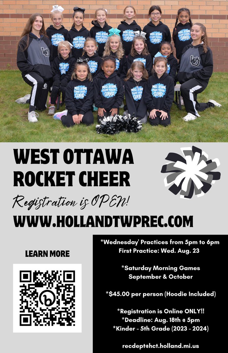 The deadline is Fri, Aug. 18th for Rocket Cheer program for the 2023 fall season!! Open to incoming Kinder - 5th grade!! 🐾 Practices are on Wednesdays beginning next week - Wed, Aug. 23.  Saturday games will begin after Labor Day. 

Register here: bit.ly/hollandtwprecr…