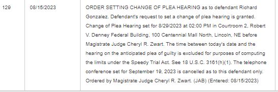 heymooly's tweet photo. Court filings indicate a plea deal may be forthcoming for Richard Gonzalez, a former Omaha Police officer facing federal fraud charges. 

It's also possible that he could enter a plea of guilty to some or all of the charges without a deal. Hearing set for Aug. 29 at 2pm. https://t.co/yHJuGc8lnc