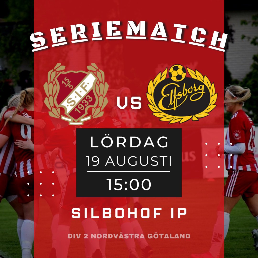 🔥Seriematch div.2🔥
På lördag klockan 15:00 smäller det!🙌🏼
Det är dags för premiären av höstsäsongen! Vi börjar starkt med ett tufft möte mot Elfsborg⚽️🤩

🆚 IF Elfsborg
📍 Silbohofs IP
⏰ 15:00 blåser domaren igång matchen!
🏆 Division 2 nordvästra Götaland

❤️🤍