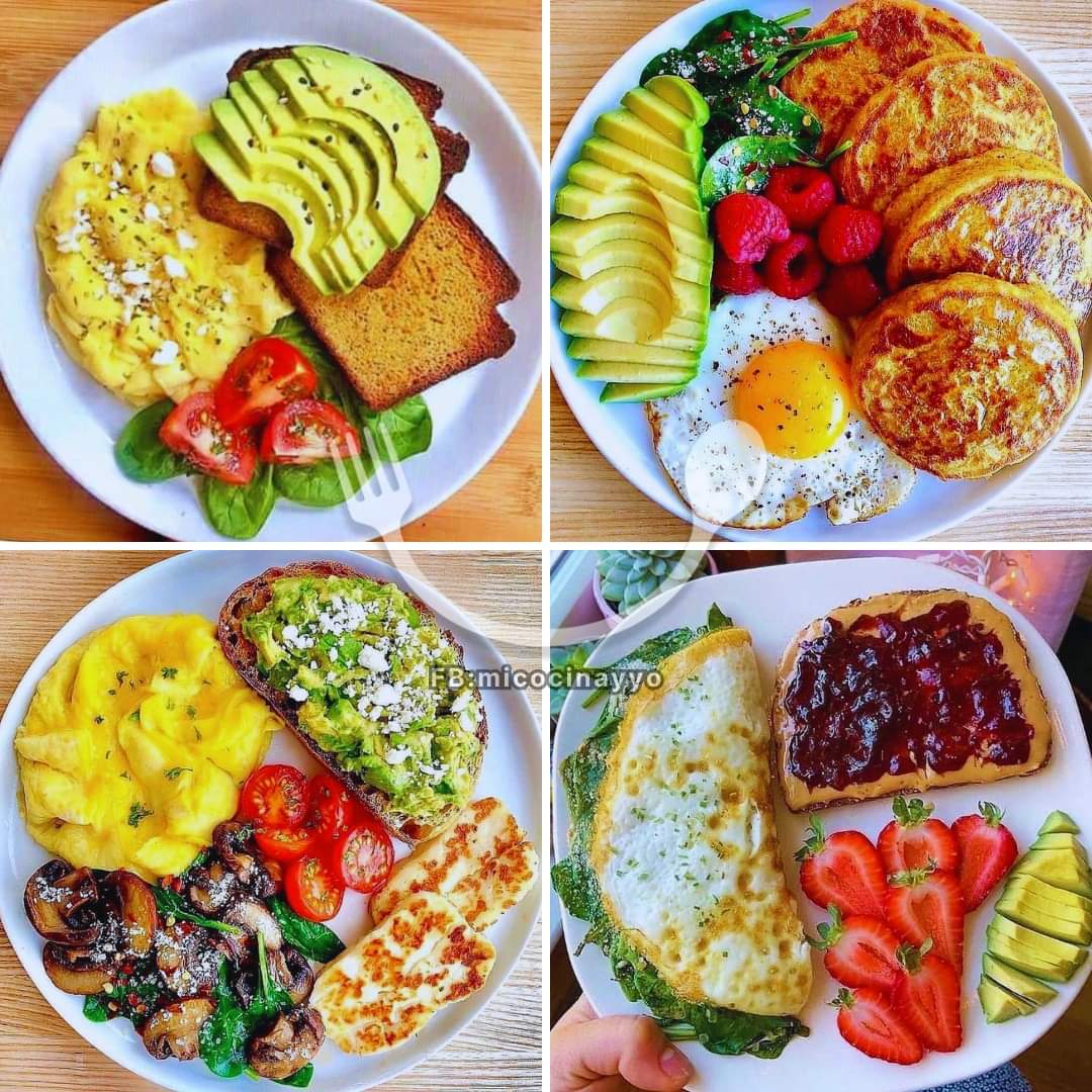 NutriologoGiron's tweet photo. Opciones para Desayunar 🥑🥞🧀🍳🍓🥬🍅✅

PLATO 1
Ingredientes👩‍🍳
Pan integral tostado🍞
Aguacate 🥑
Espinacas🥬 
Tomates cherry 🍅
Huevo revuelto 🍳
Semillas al gusto

PLATO 2
Ingredientes👩‍🍳
Tortitas de Camote 🥞
Aguacate 🥑
Huevo frito 🍳
Frambuesas 🍓
Espinacas 🥬 con especias al gusto.
🥞 INGREDIENTES TORTITAS DE CAMOTE: 
- 2 cucharadas de harina todo uso
- 1 cucharadita Levadura en polvo
- 1/2 cucharadita bicarbonato
- 1 cucharada azúcar moreno
- 1 cucharadita sal
- 1 cucharadita canela
- 2 cucharadas de Leche
- 2 Camotes pequeños, asados y hechas puré hasta que estén suaves .
- 2 huevos 
- 1 cucharadita extracto puro de vainilla (opcional)
PREPARACIÓN:
En un tazón grande, mezcle la harina, polvo de hornear, bicarbonato de sodio, el azúcar morena, la sal, y la canela. 
Agregar también el camote, 2 huevos, la Leche y un poco de vainilla y MEZCLAR TODO hasta que este suave. 
Agregar la masa(en porciones) en una sartén precalentada y antiadherente y freír por ambos lados  a fuego bajo. Y LISTO!

PLATO 3
Ingredientes👩‍🍳
Aguacate con Semillas 🥑
Huevo revuelto 🍳
Pan integral tostado 🍞
Espinaca salteada🥬 con ajo 🧄 y champiñones, con pimiento rojo 🫑 y Queso Parmesano 🧀
Tomates Cherry

PLATO 4
Ingredientes👩‍🍳
🍞 Una rebanada de pan + crema de mantequilla de maní orgánica sin sal + mermelada de uva natural 🍇
🍳Tortilla de claras de huevo con espinacas 🥬 + 🧀 queso parmesano espolvoreado
Fresas 🍓
Aguacate 🥑