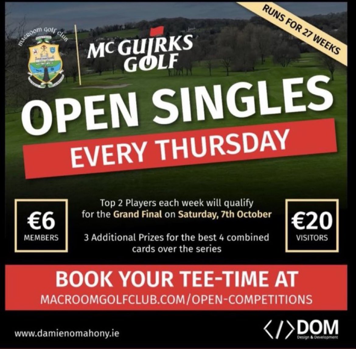 Come and join us tomorrow for our <a href="/McGuirksGolf/">McGuirks Golf</a> Open singles series. 

Also, a reminder our Senior  Scratch Cup takes place on Sunday August 20th - spaces still available. 
<a href="/OpenGolfIreland/">Open Golf Ireland (O.G.I.)</a> <a href="/CorkGolfNews/">Cork Golf News</a>