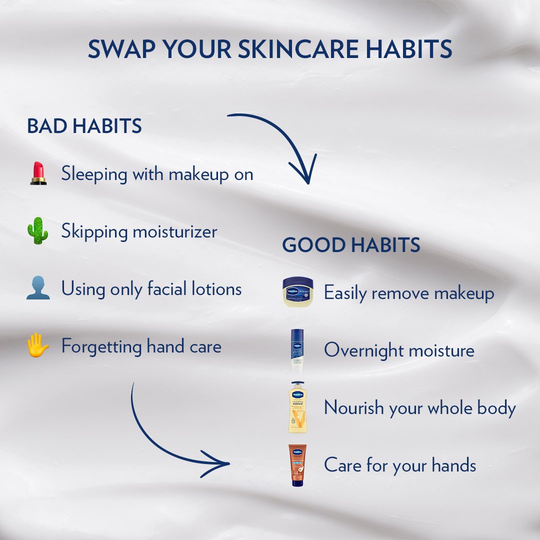 Out with the bad, in with the good 💙 Break your bad skincare habits and start some good ones with a little help from Vaseline.​ #Vaseline #SkinHabits #SkinHealth #Skincare #Skincareroutine