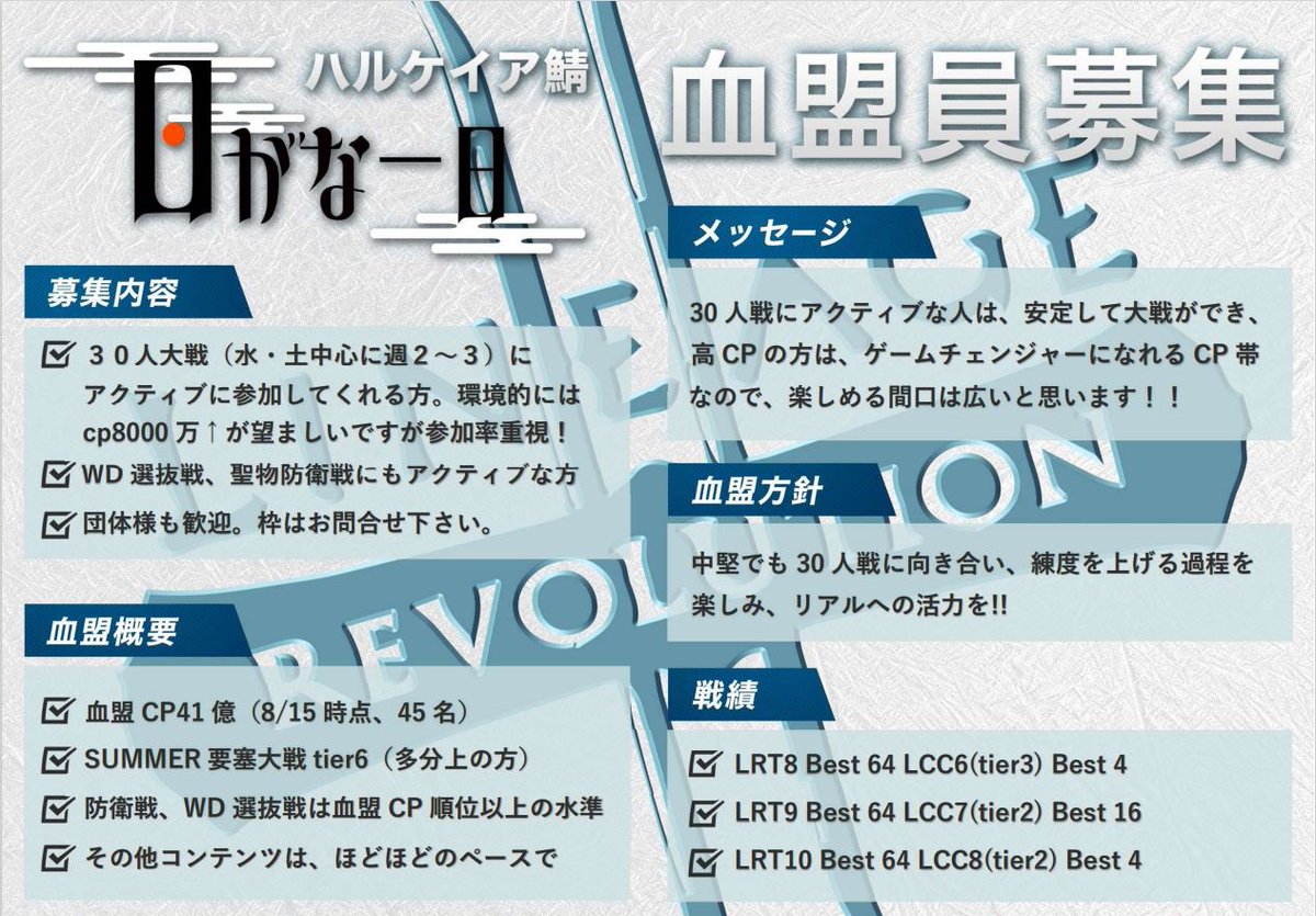 🍅ハルケイア鯖日がな一日　血盟員募集🍅
高火力があと少し増えたら世界が変わるのに…という盟主への圧力でリコピンが漏れそうなので、1.5億↑の高火力の方、日がなのゲームチェンジャーになってくれませんか？
その他の方もご不明点はお気軽にお問い合わせください！
#リネレボ
#鯖移動
#血盟員募集