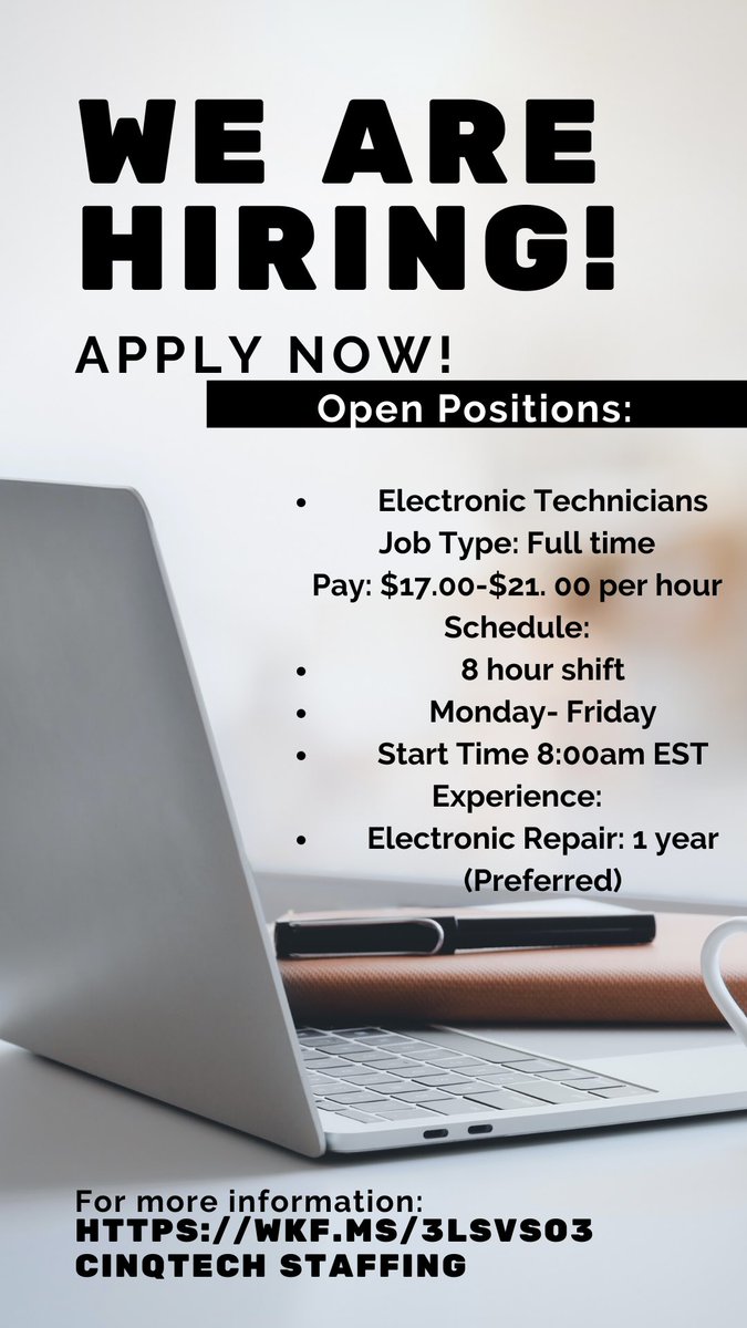 CinqTech's tweet photo. Cinq Tech Staffing and Services is actively looking for Consumer Electronic Technicians for one of our partners.
At Cinq Tech Staffing, we believe everyone should find a job that fits them. #Employment #technical 
Please apply @ https://t.co/2oRcvOplGG https://t.co/HFpslRRFue
