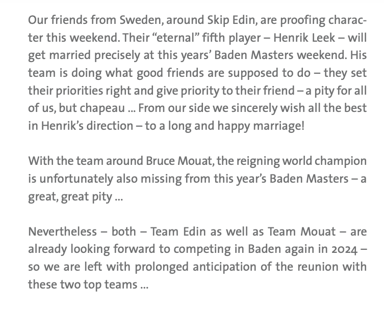 ciaomichaella's tweet image. Some may be disappointed that @TeamNiklasEdin won&apos;t be playing at #BadenMasters this year - an event they&apos;ve won in 2017, 2019 &amp;amp; 2020, but according to the event program, the Icevengers will be attending a wedding #curling