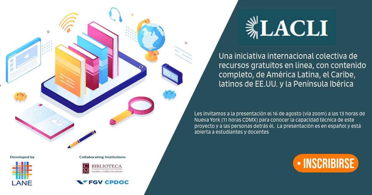 BiblioColmex's tweet photo. En unos momentos inicia la presentación del proyecto LACLI. Iniciativa que ha recopilado recursos digitales con contenido completo, el próximo 16 de agosto a las 13:00 hrs en Nueva York (11:00 hrs CDMX)
Registro en: https://t.co/tFwSlKZ5Rc
#Redbaalc https://t.co/Etzq9Y5ZMx