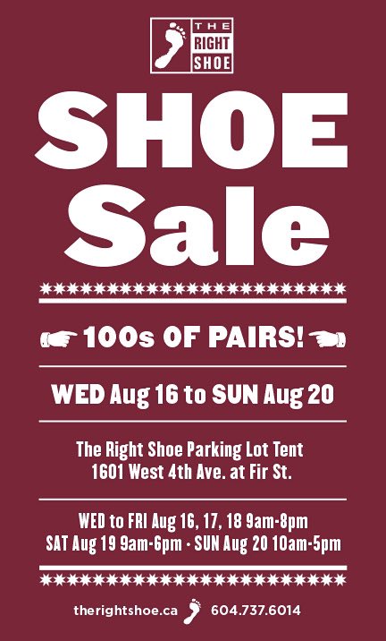 Our fall sale is underway! Extended hours this week and hundreds of shoes, runners, hikers, sandals and more…look for the big white tent in the back at West 4th and Fir St.! #RunVan #Kitsilano