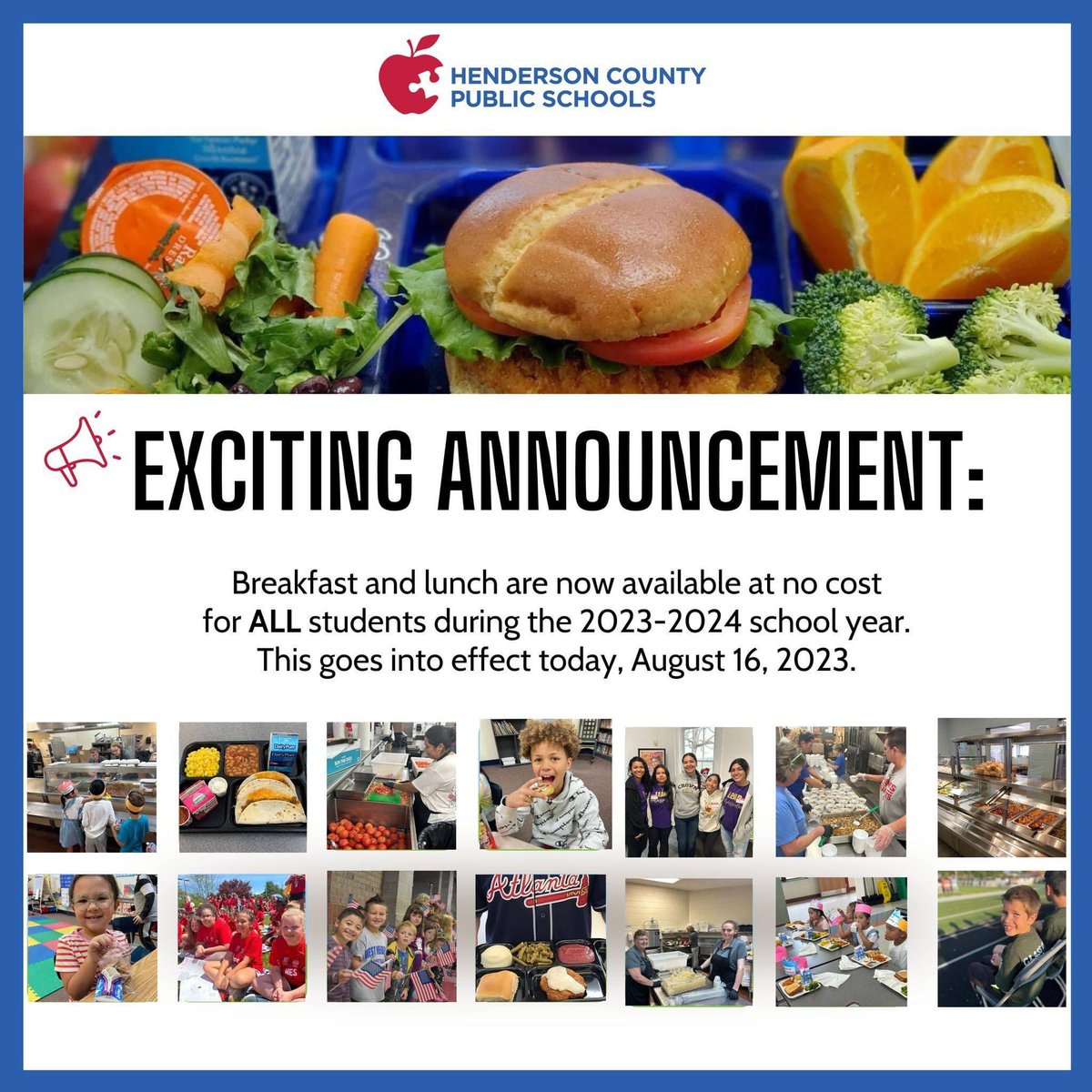 HCPSNC's tweet photo. Great news, HCPS Family!

Breakfast and lunch are now available at no cost for ALL students during the 2023-2024 school year. This goes into effect today, August 16, 2023. 

Please find additional information on our website: https://t.co/jan5jSMjeP https://t.co/a3J9P5t4d6