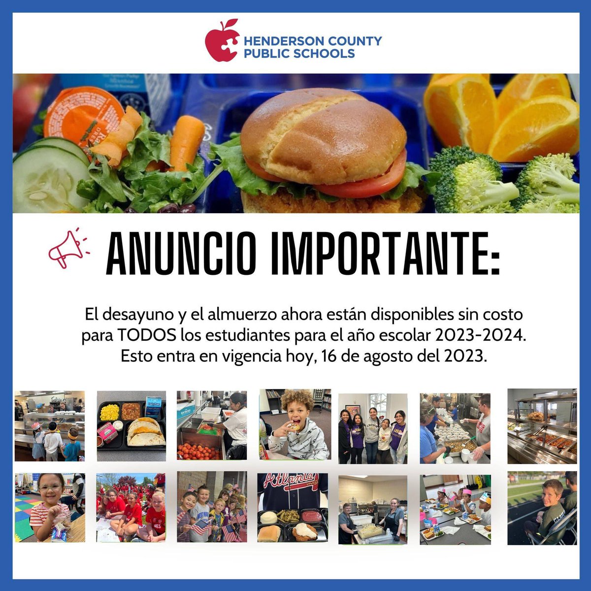 Great news, HCPS Family!

Breakfast and lunch are now available at no cost for ALL students during the 2023-2024 school year. This goes into effect today, August 16, 2023. 

Please find additional information on our website: bit.ly/3OWVXEu