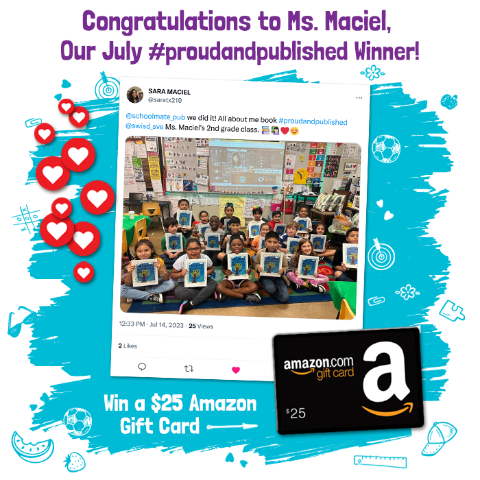 Congratulations to Ms. Maciel (<a href="/saratx210/">SARA MACIEL</a>) and her 2nd Grade students, our July Proud and Published recipients. Thank you for sharing your classroom book, "All About Ms. Maciel's Class," on Twitter.

x.com/saratx210/stat…

If you've recently published a classroom book, be sure