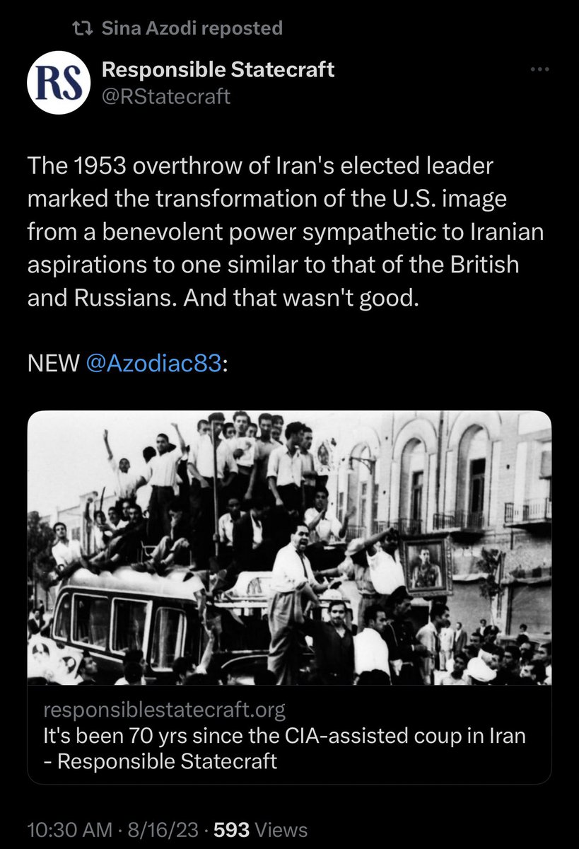 Restitutor_Iran's tweet image. As I’ve mentioned before, one of the main camps that push the myth of mossadegh include the Islamic Republic &amp;amp; its apologists —as (for one) it feeds their narrative that the West is evil. Such propaganda is then often used to deter Western support for the Iranian people.