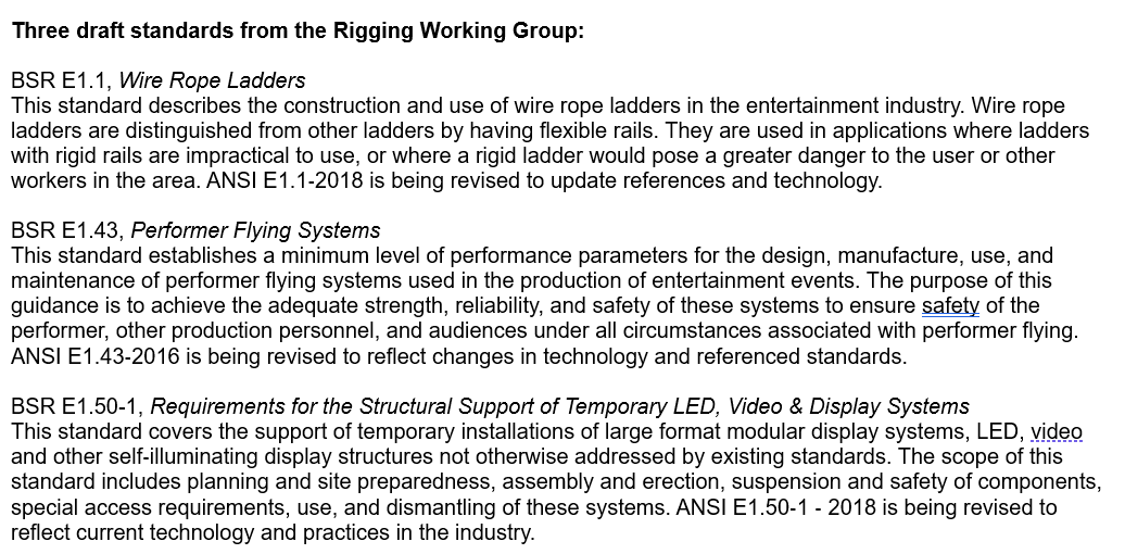 ESTA_Standards's tweet photo. So many standards in Public Review! Here are three from the Rigging Working Group -- more from other working groups to come! 
Review them at https://t.co/I7t1wnbUQb
The deadline for review is September 26, 2023. https://t.co/4z22bIKI2b