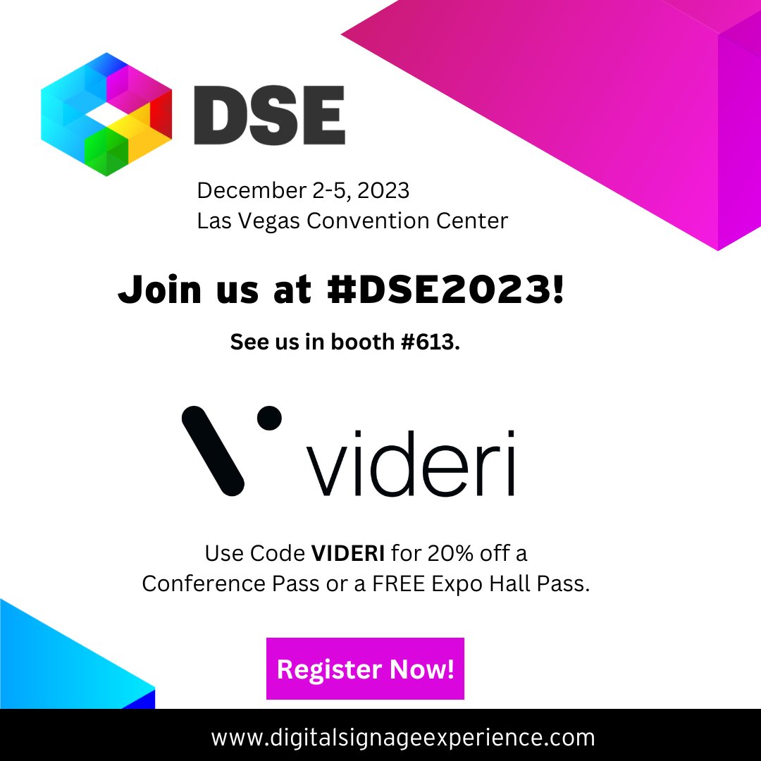 VideriDigital's tweet photo. We're exhibiting at #DSE2023! Join the ultimate gathering of digital signage experts- use code VIDERI for an extra 20% off a Conference Pass or a FREE Expo Hall Pass: https://t.co/j0UxFUZKMo https://t.co/cxDabXsiqW