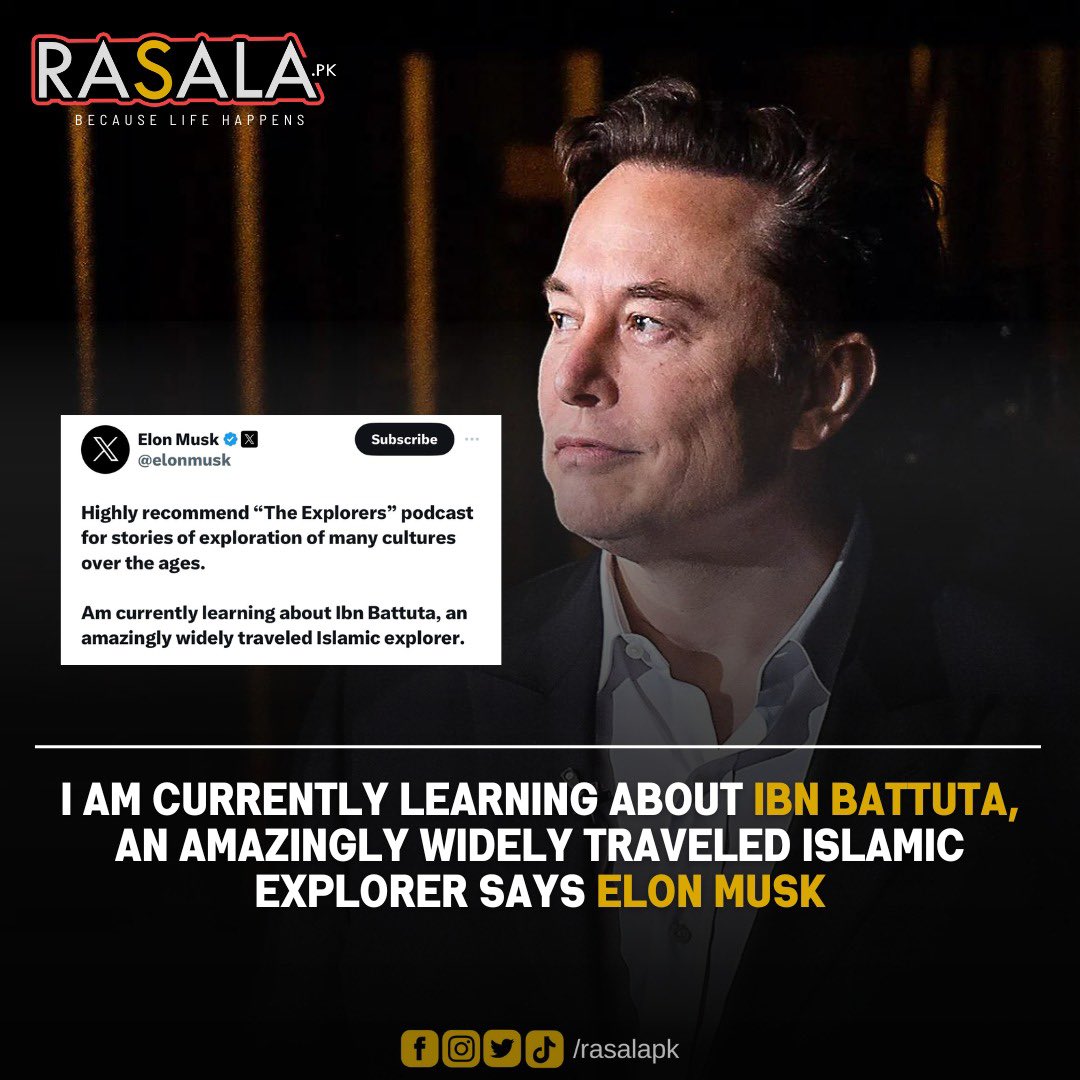 In a recent tweet, Elon Musk mentions that he's presently educating himself about Ibn Battuta, an Islamic explorer known for his extensive travels.

#Tweet #X #ElonMusk #IslamicTravels