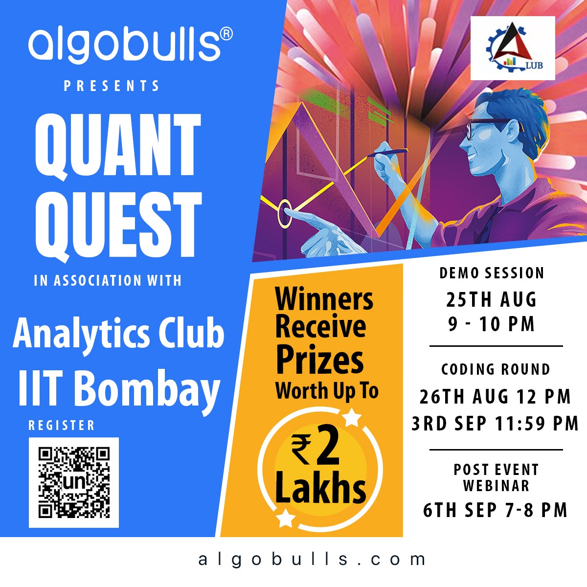 AlgoBulls's tweet image. Brace yourself for an algorithmic adventure that awaits! The excitement is building up, and the event is right around the corner. 

unstop.com/hackathons/qua…

#QuantQuest #AlgoBullsQuantQuest #AlgoBulls