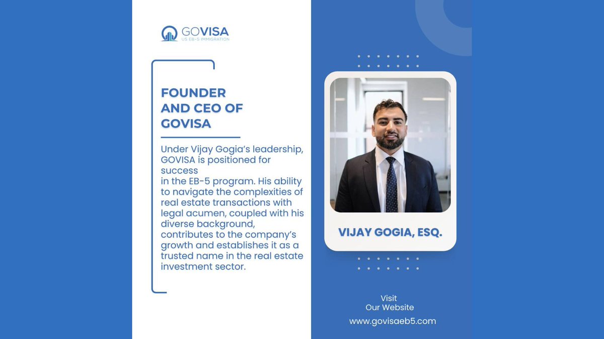 govisaeb5's tweet image. Introducing Vijay Gogia, the visionary leader driving GoVisa's success in the EB-5 program.

#TeamGOVISA #RealEstateLeadership #EB5Program