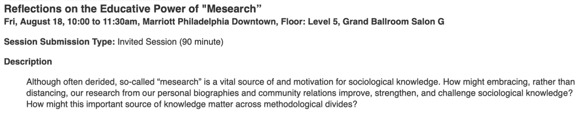 Reflections on the Educative Power of 'Mesearch'

Organizer: Victoria Reyes @victoriadreyes 
Panelists: Hae Yoen Choo, Crystal Fleming @alwaystheself, Whitney Pirtle @thePhDandMe, and Desi Small-Rodríguez @native4data
