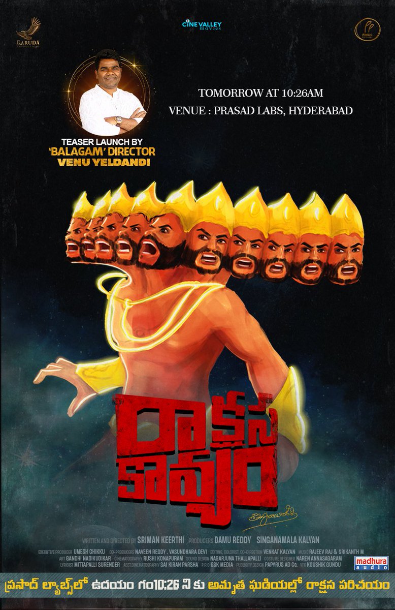 CineValley's tweet photo. Monsters are set to Arrive 💥

#RaakshasaKaavyam Teaser will be launched by Sensational "BALAGAM" Director @VenuYeldandi9 tomorrow @ 10:26am 🔥

@abhainaveen @daya4feb @SrimanKeerthi @rushijntu @PawonRamesh @damukosnam @rajeevtake5 @MadhuraAudio #PingoPictures @CineValley https://t.co/IjAFGKeXLw