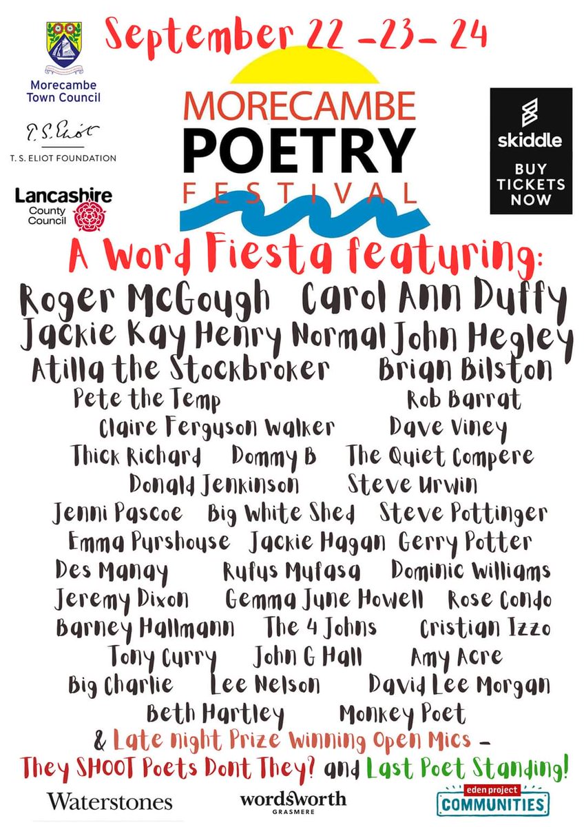 Tickets available for this #Morecambe #Poetry @monkey_poet QC: @Wrdsmithery Nina Lewis Ben Willems Kate Millington plus @HenryNormalpoet @vineypoet @WorkingTitleSW @JackieHagan @GerryPoetry @BigStevePoet @EmmaPurshouse @PeteTheTemp @JJ_Pascoe @davidword @Clarefrog22 @amyacrepoet