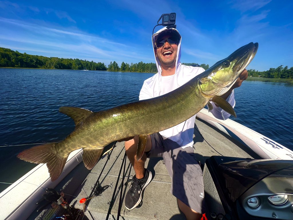 What an absolutely gorgeous day spent on the lake! This stunning fish was hooked using the vibrant orange and black bucktail in-line spinner bait. It flew towards the bait with incredible speed, like a shooting star streaking across the sky. #musky #muskie #muskellunge #fish