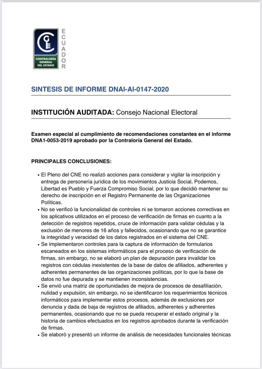 janethinostroza's tweet photo. ¿Por qué apareció un formulario FALSO, con la supuesta afiliación de @christianzr a una organización a la que no pertenece? 

Fácil: Porque al @cnegobec y sus 5 vocales, no les ha dado la gana de corregir las falencias que tiene su sistema de verificación de firmas para la inscripción de partidos y movimientos políticos. 

Hay miles de ecuatorianos afiliados a organizaciones políticas, a quienes les han falsificado la firma. 

En el 2019 Diana Atamaint pidió a la @ContraloriaECU una auditoría para establecer las falencias del sistema y hasta ahora NO CUMPLE con las recomendaciones que le hizo el ente de control.  

Lean el resumen del examen especial de seguimiento que en el 2020 hizo Contraloría. Tiene 2 hojas. Ahí está la clave de todos estos actos anti democráticos. 

¿No se supone que esas recomendaciones son de obligatorio cumplimiento? 
¿Por qué la @ContraloriaECU ha estado callada frente al incumplimiento de las mismas? La pregunta es para ud Contralor Carlos Riofrío. 

Cómo lo dije en un X anterior: en este país deciden los que tienen el poder, no los que tienen los votos. 
#indignate