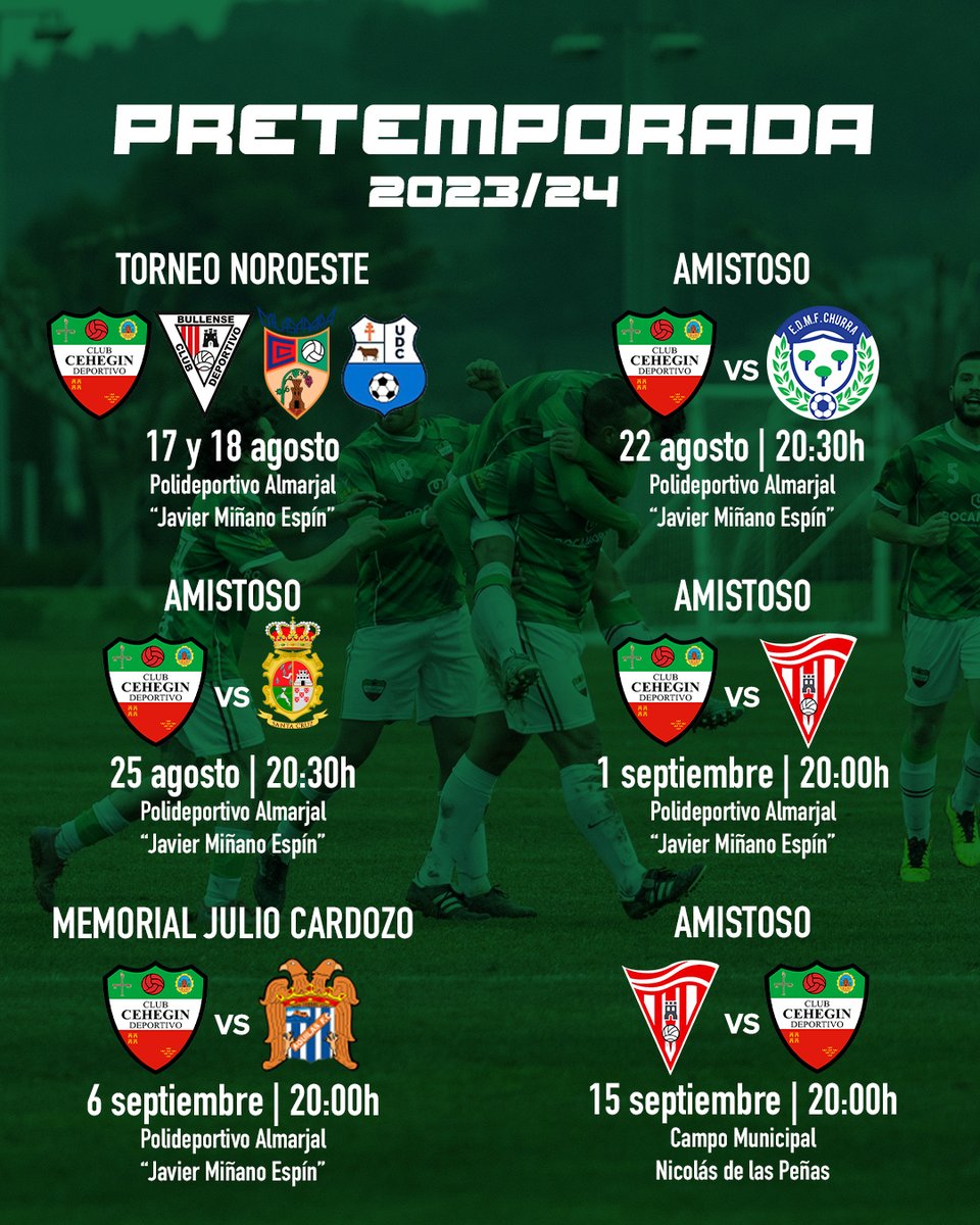 🟢Pretemporada 2023/24🟢

El Torneo del Noroeste será el primer test del equipo senior. Los hombres de Pérez Luque se enfrentarán a equipos de 2ª autonómica, preferente y 3ª RFEF.

El <a href="/aguilas_fc/">Águilas F.C.</a> (2ª RFEF) visitará el Almarjal con motivo del Memorial Julio Cardozo.
