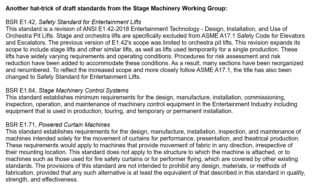 ESTA_Standards's tweet photo. More standards to review! These are from the Stage Machinery Working Group. Review them at https://t.co/I7t1wnbUQb. 
Deadline is September 26, 2023. https://t.co/xt5kc82Tbk