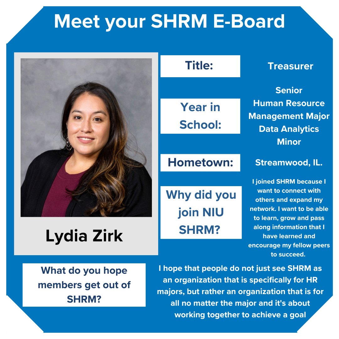 School is just around the corner! Let’s take a second to meet our e-board!

Meet: Lydia Zirk!

🐾 Lydia is our SHRM Treasurer! Check out her post below!

Stay tuned for more NIU SHRM content!

#SHRM #NIUSHRM #HumanResourceManagement #studentinvolvement #HR #ManagementMatters